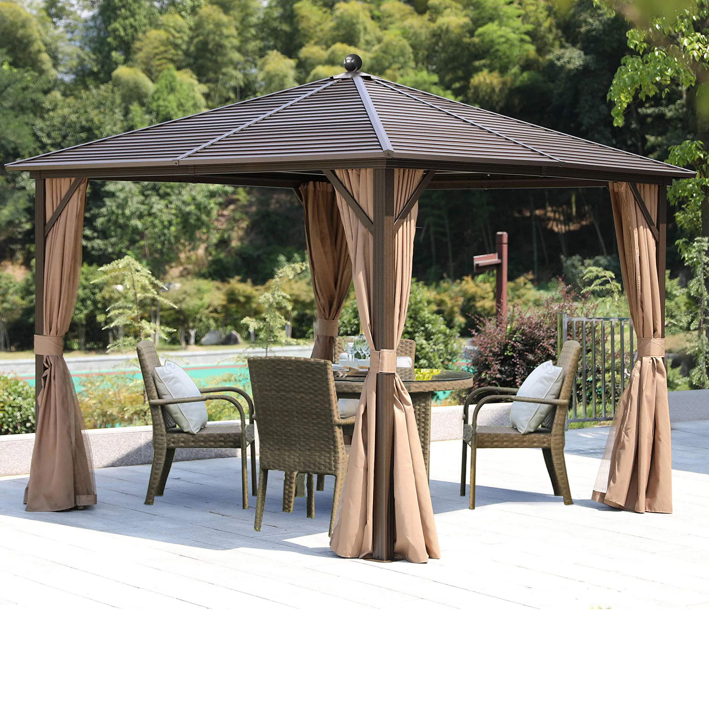 10'x10' Outdoor Hardtop Gazebos Galvanized Steel with Netting & Curtains