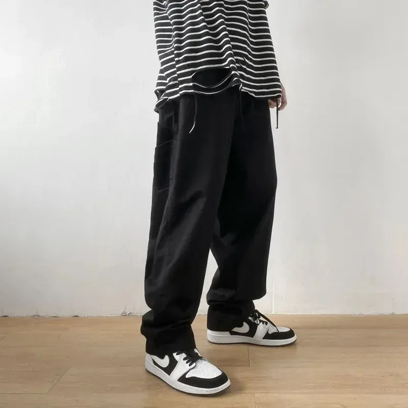 Amozae-Trendy Hong Kong Style Men's Cargo Pants Loose Fit Straight Leg Casual Pants Youth Long Versatile For Various Scenes