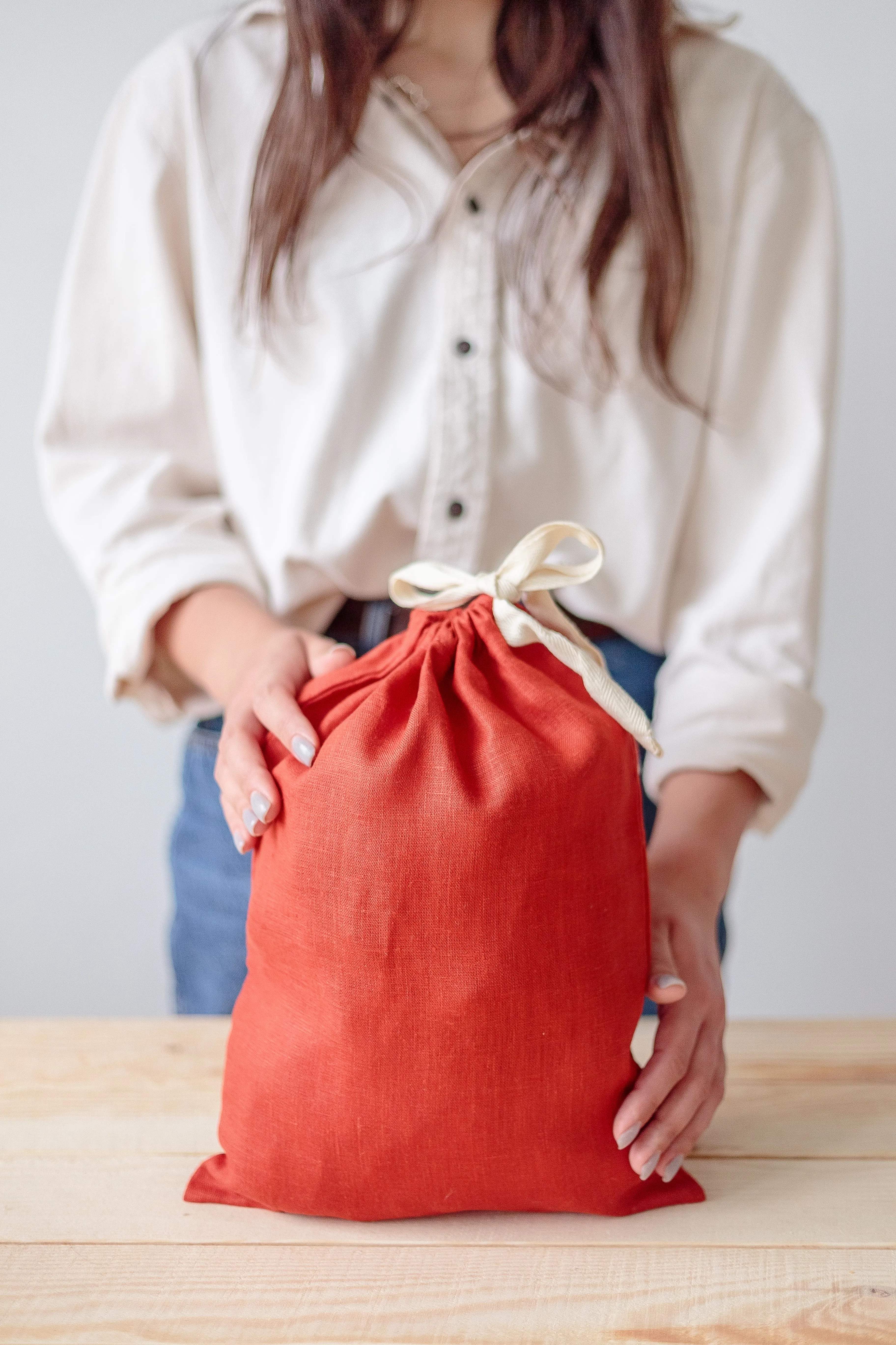 Barn Red Linen Drawstring Storage Bag