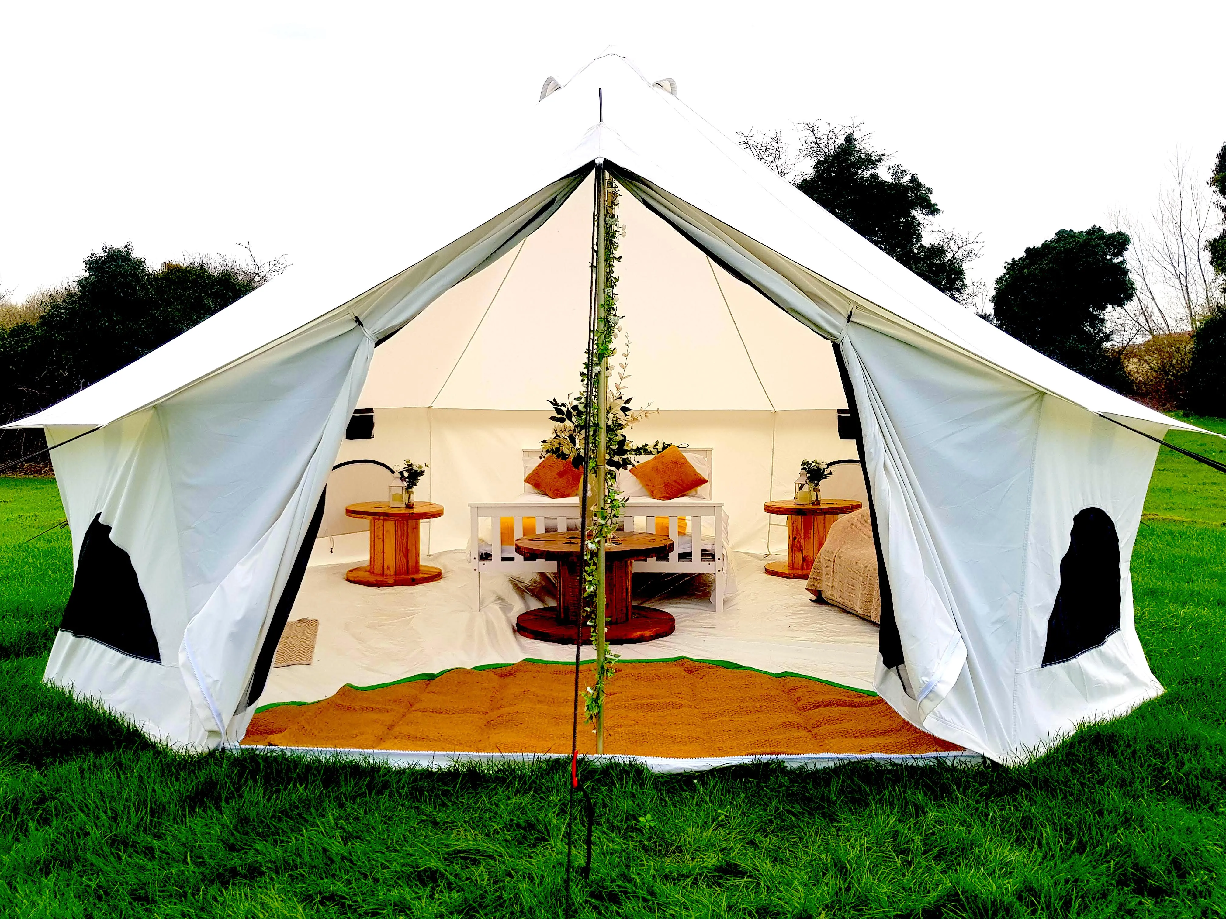 BTV 4 - 4m, 5m or 6m XL (1.2m High Walls) Water Resistant & Fire Retardant Cotton Canvas Bell Tent With Stove Hole (Single Door)