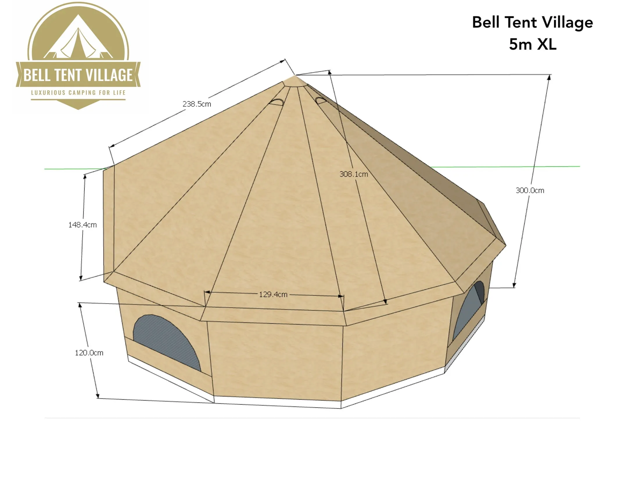 BTV 4 - 7m XL (1.2m High Walls) Water Resistant & Fire Retardant Cotton Canvas Bell Tent With Stove Hole (Double Door)