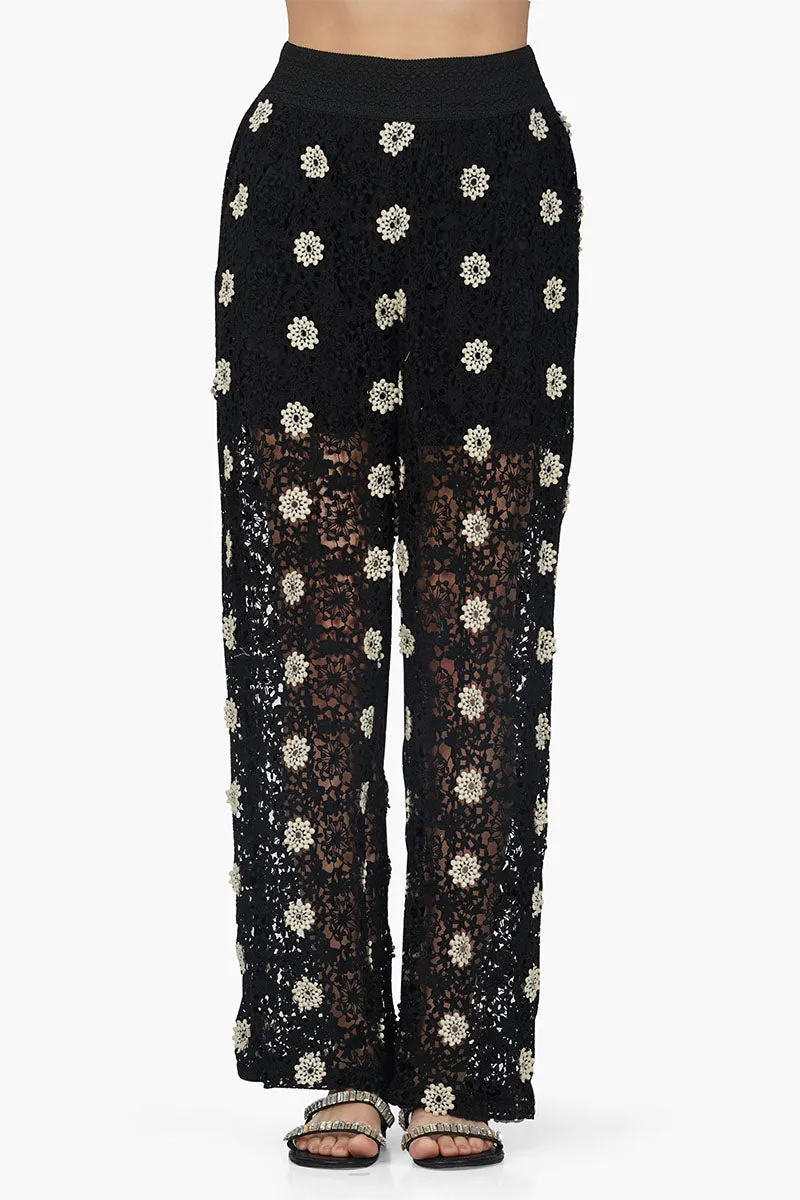 Floral Crochet Cut Out Black Pant