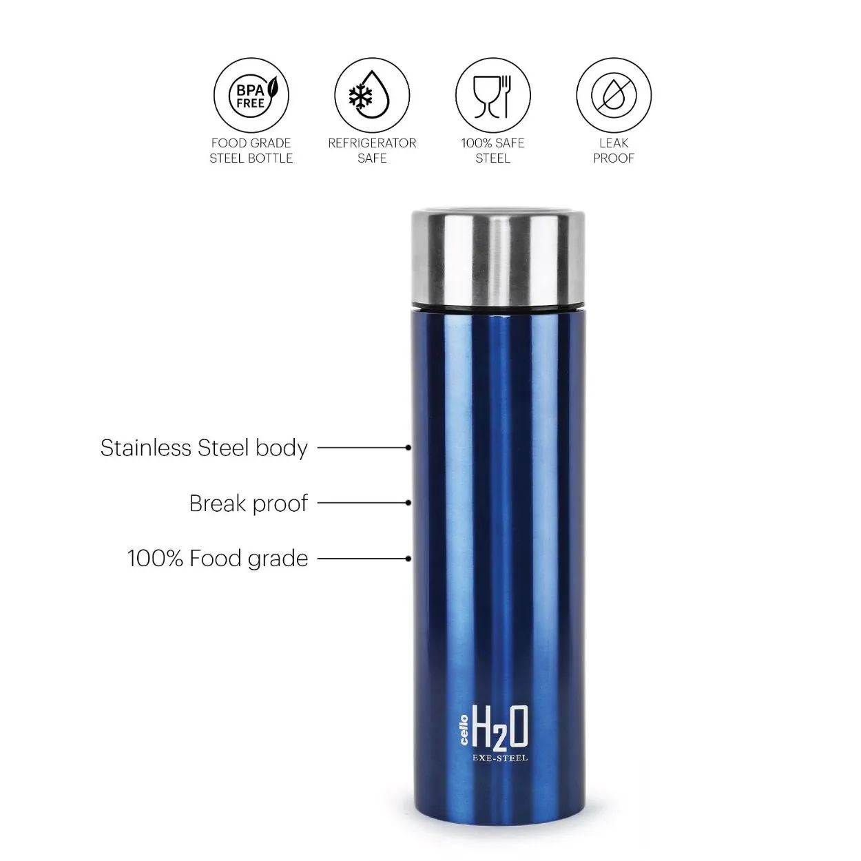 H2O Stainless Steel Water Bottle, 1000ml