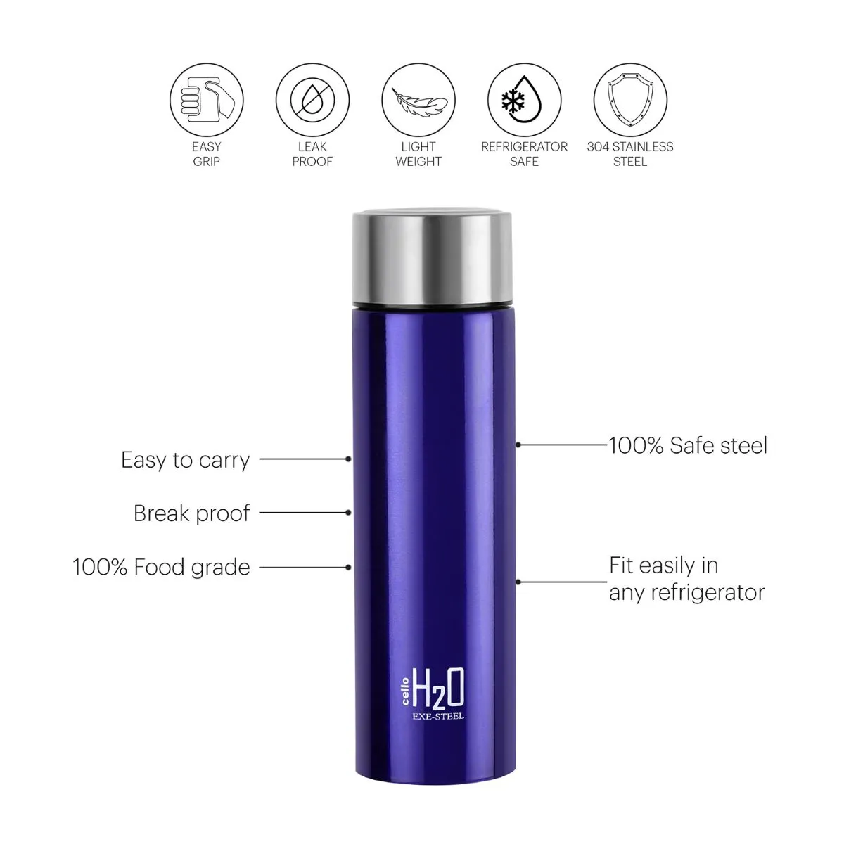 H2O Stainless Steel Water Bottle, 1000ml