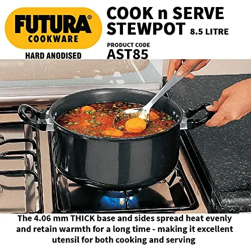 Hawkins Futura Hard Anodised Cook-n-Serve Stewpot 8.5 L, 28 cm, 4.06 mm, Aluminium, Black