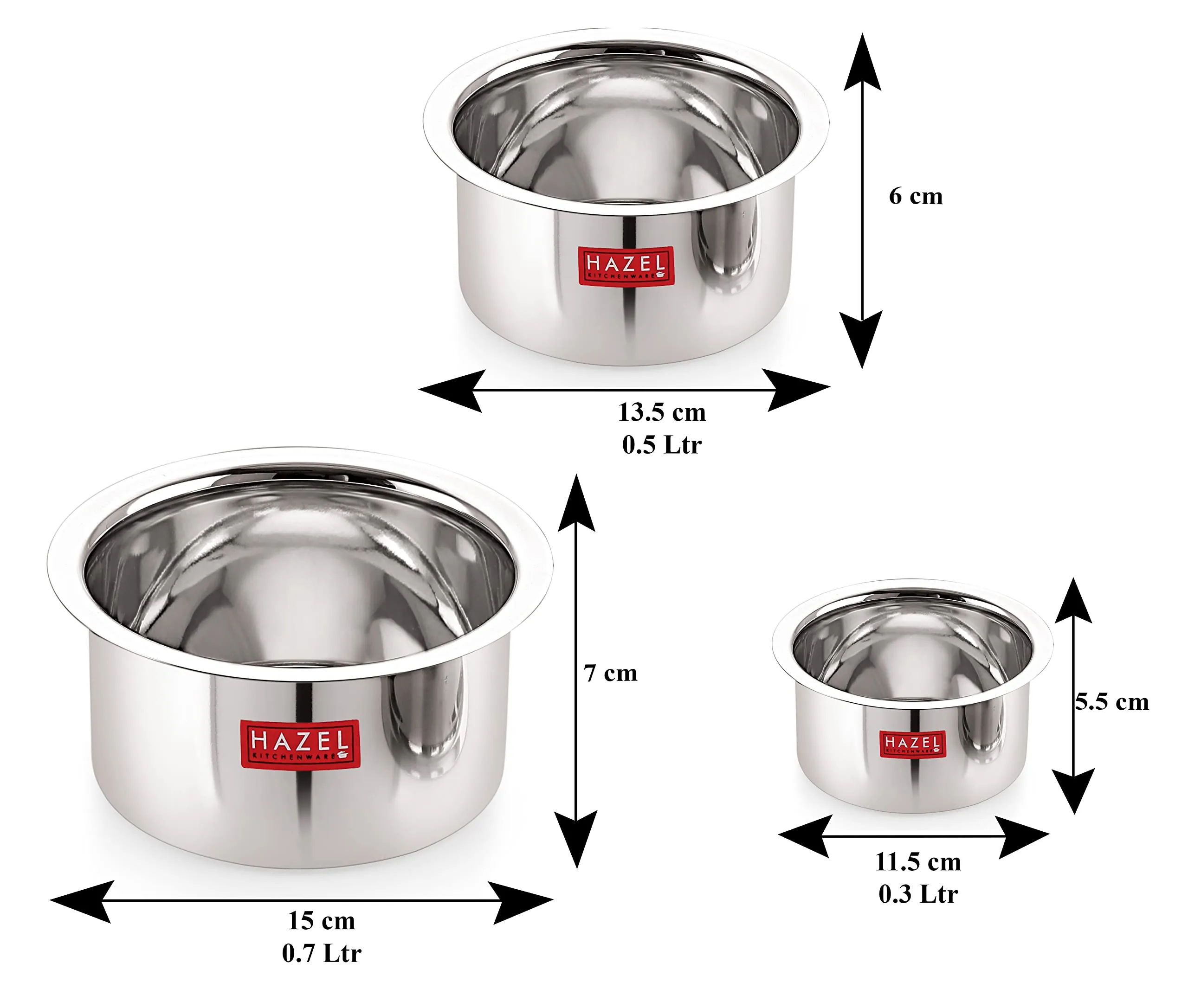 Hazel Utensils Set for Kitchen | Steel Tope Set with Lid & Flat Bottom, Set of 3, 300 ml, 500 ml & 700 ml | Boiling Vessels, Multipurpose Steel Bhagona