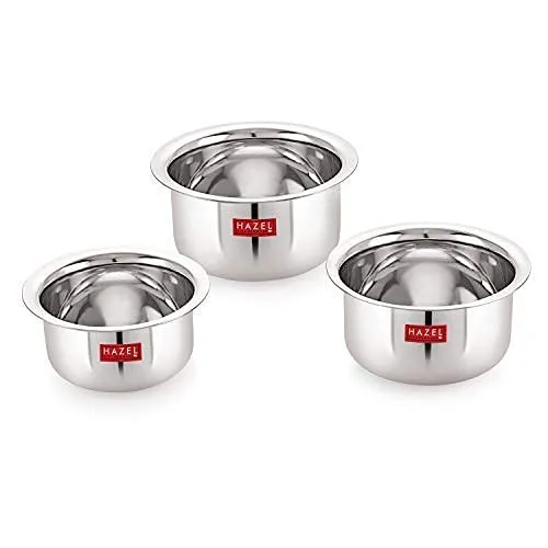 Hazel Utensils Set for Kitchen | Steel Tope Set with Lid & Flat Bottom, Set of 3, 300 ml, 500 ml & 700 ml | Boiling Vessels, Multipurpose Steel Bhagona