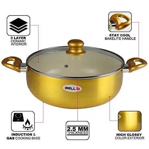 iBELL CS28C Large Ceramic Casserole 6.0 Litres with Glass Lid, Induction & Gas Compatible Cookware, 2.5mm Thickness, 3 Layer Ceramic Interior, Golden Finish