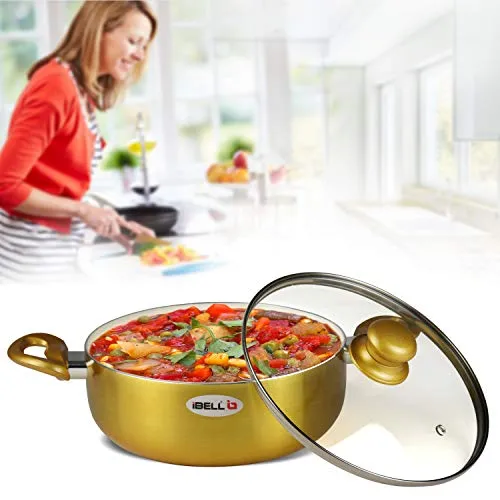 iBELL CS28C Large Ceramic Casserole 6.0 Litres with Glass Lid, Induction & Gas Compatible Cookware, 2.5mm Thickness, 3 Layer Ceramic Interior, Golden Finish