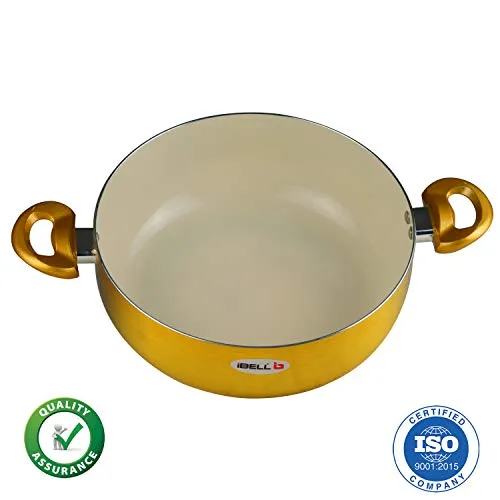 iBELL CS28C Large Ceramic Casserole 6.0 Litres with Glass Lid, Induction & Gas Compatible Cookware, 2.5mm Thickness, 3 Layer Ceramic Interior, Golden Finish