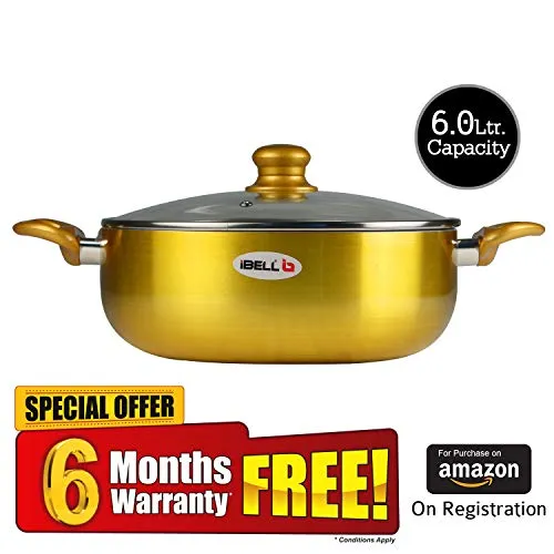 iBELL CS28C Large Ceramic Casserole 6.0 Litres with Glass Lid, Induction & Gas Compatible Cookware, 2.5mm Thickness, 3 Layer Ceramic Interior, Golden Finish