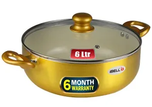 iBELL CS28C Large Ceramic Casserole 6.0 Litres with Glass Lid, Induction & Gas Compatible Cookware, 2.5mm Thickness, 3 Layer Ceramic Interior, Golden Finish