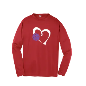 Love Pickleball Heart (Purple) | Youth Long Sleeve Athletic Pickleball Shirt | 100% Polyester