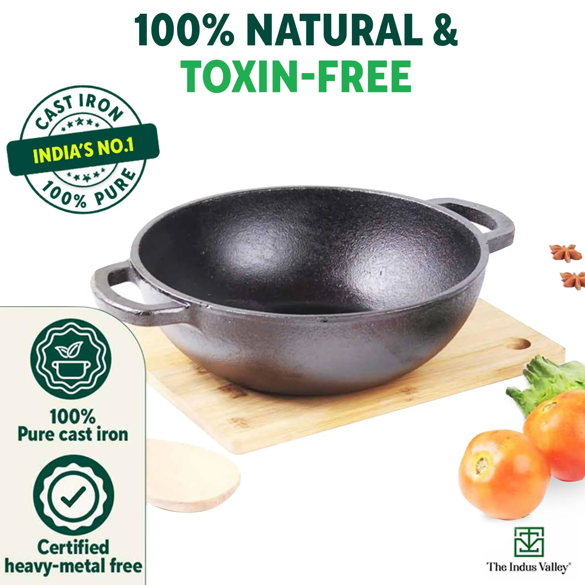 The Indus Valley Pre-Seasoned Cast Iron Kadai with Flat Handles | Medium, 25.4 cm/10 inch, 2.3Ltr, 2.5kg | Naturally Nonstick Kadhai, 100% Pure & Toxin-Free, No Chemical Coating