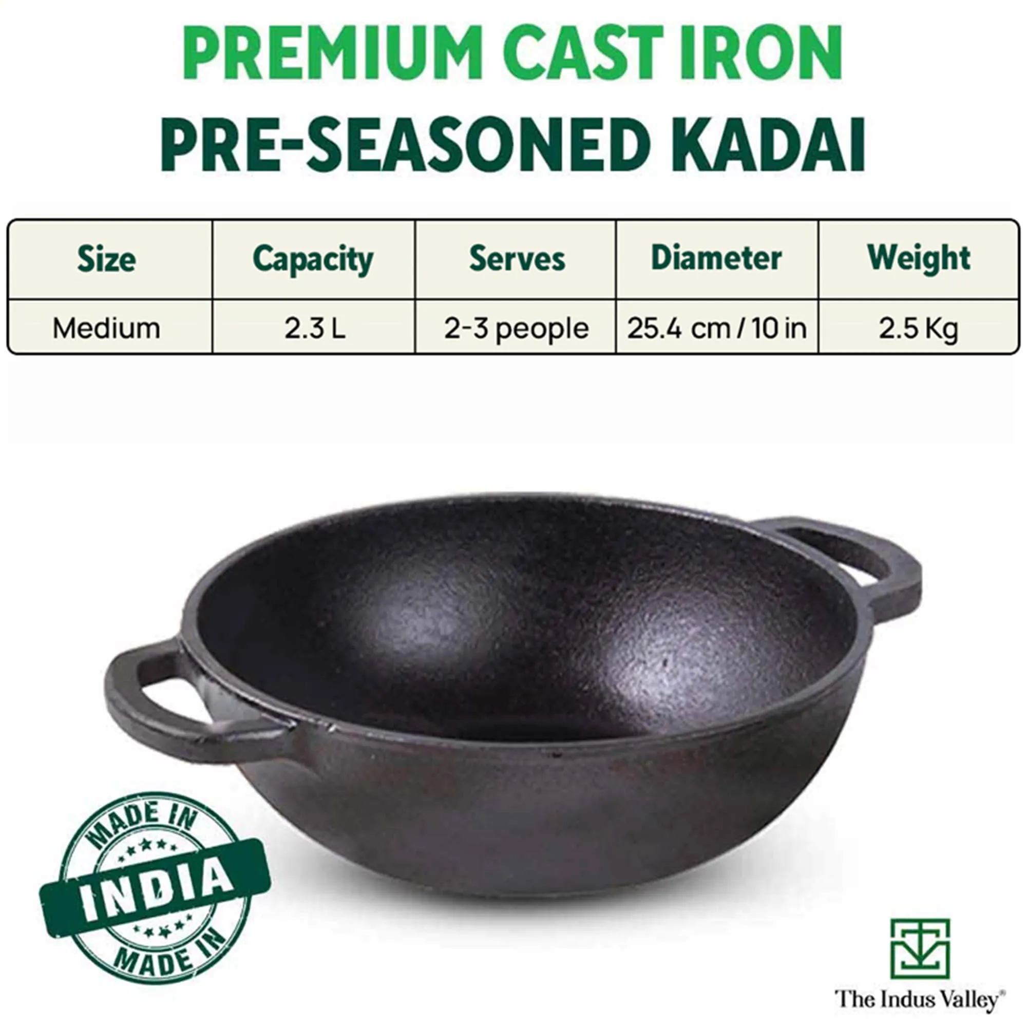 The Indus Valley Pre-Seasoned Cast Iron Kadai with Flat Handles | Medium, 25.4 cm/10 inch, 2.3Ltr, 2.5kg | Naturally Nonstick Kadhai, 100% Pure & Toxin-Free, No Chemical Coating