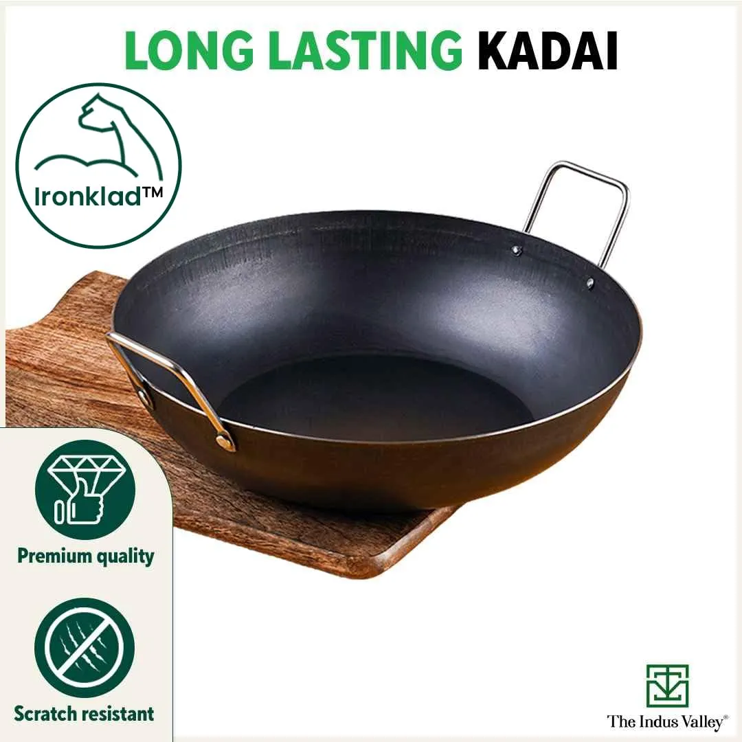 The Indus Valley Pre-Seasoned Iron Cookware Set   Free Wok (25 cm) | Kadai (24 cm)   Fry Pan (24 cm)   Tawa (26 cm) | Kitchen Cooking Combo Pots and Pans Set of 4Pcs | Naturally Nonstick