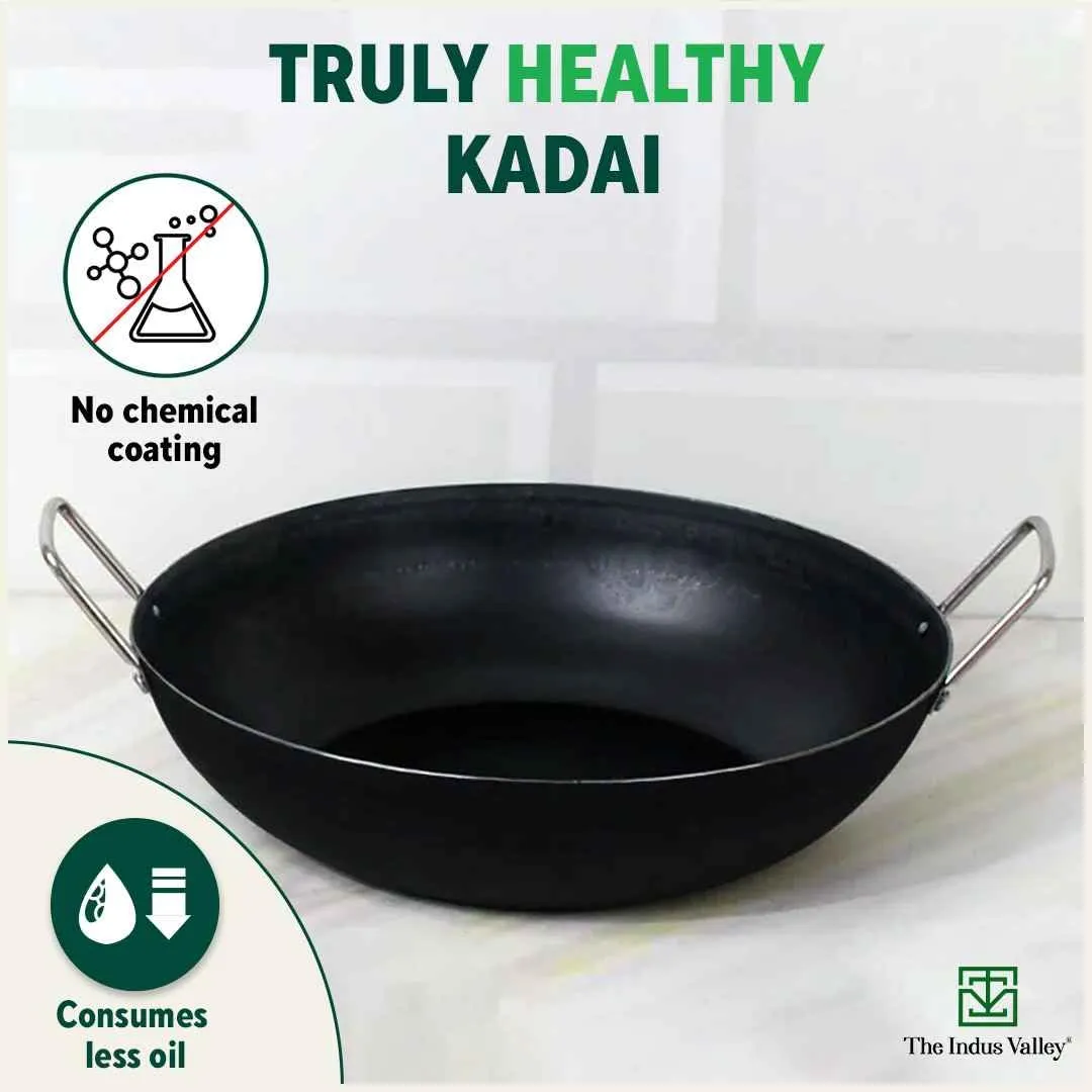 The Indus Valley Pre-Seasoned Iron Cookware Set   Free Wok (25 cm) | Kadai (24 cm)   Fry Pan (24 cm)   Tawa (26 cm) | Kitchen Cooking Combo Pots and Pans Set of 4Pcs | Naturally Nonstick