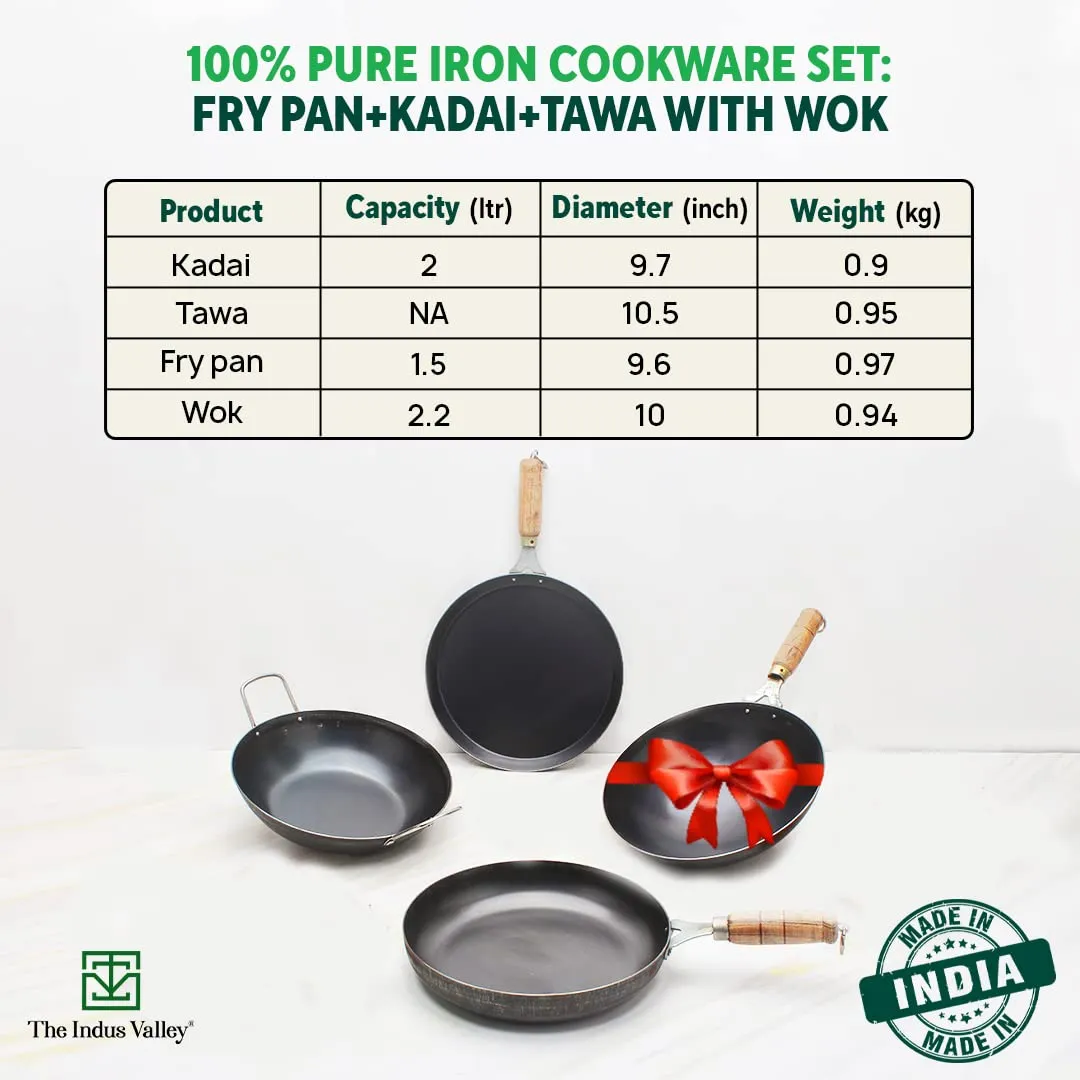 The Indus Valley Pre-Seasoned Iron Cookware Set   Free Wok (25 cm) | Kadai (24 cm)   Fry Pan (24 cm)   Tawa (26 cm) | Kitchen Cooking Combo Pots and Pans Set of 4Pcs | Naturally Nonstick