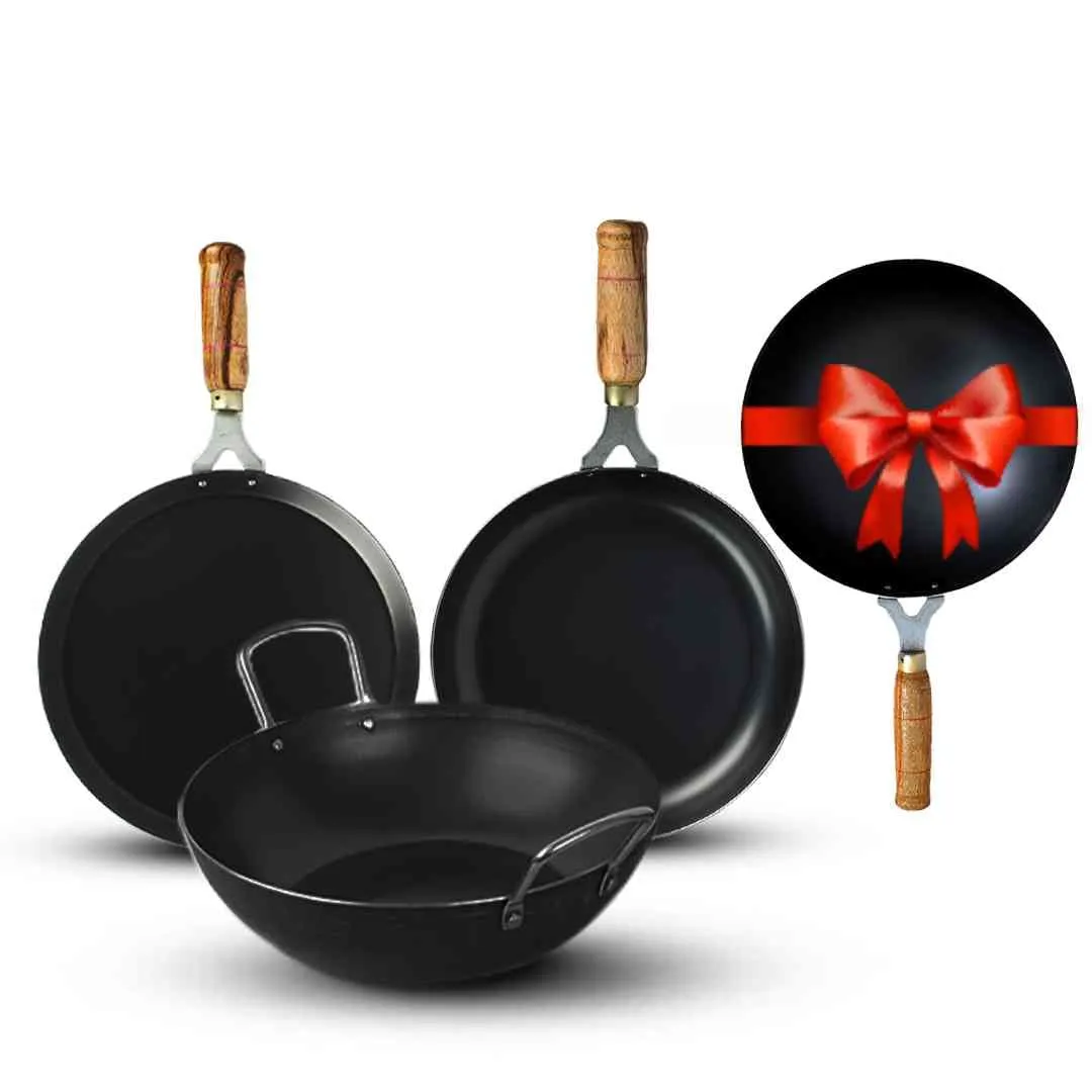 The Indus Valley Pre-Seasoned Iron Cookware Set   Free Wok (25 cm) | Kadai (24 cm)   Fry Pan (24 cm)   Tawa (26 cm) | Kitchen Cooking Combo Pots and Pans Set of 4Pcs | Naturally Nonstick