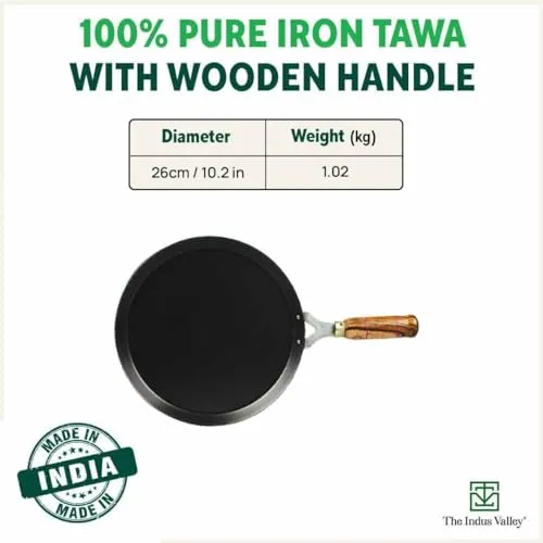 The Indus Valley Pre-Seasoned Iron Tawa for Dosa/Chapathi with Wooden Handle | 26cm/10.2 inch, 1.02kg | Induction Friendly | 100% Pure & Toxin-Free, No Chemical Coating