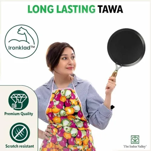 The Indus Valley Pre-Seasoned Iron Tawa for Dosa/Chapathi with Wooden Handle | 26cm/10.2 inch, 1.02kg | Induction Friendly | 100% Pure & Toxin-Free, No Chemical Coating