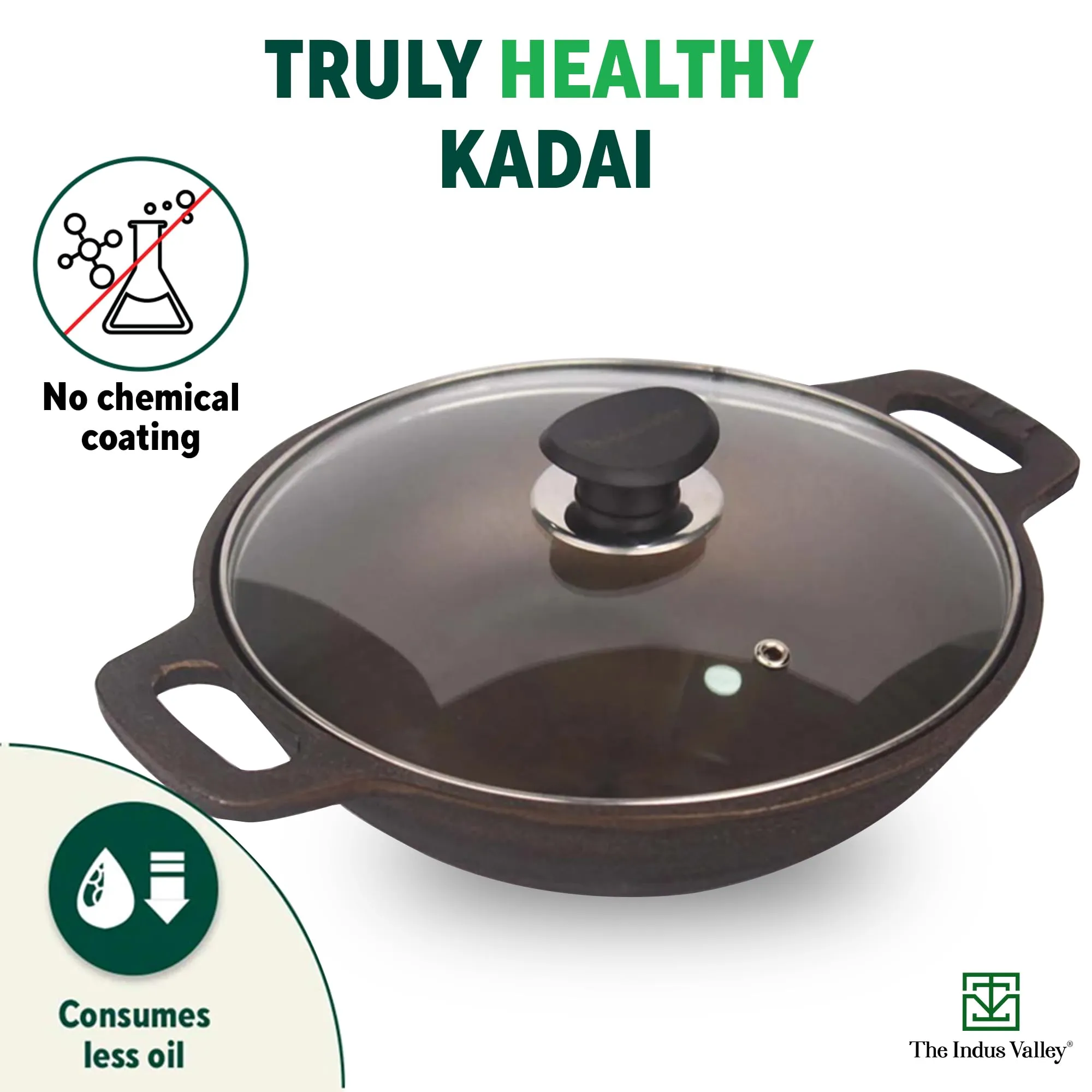 The Indus Valley Super Smooth Cast Iron Kadai with Glass Lid | Medium, 10.2Inch/26 cm, 2.5Ltr, 2.4kg | Naturally Nonstick, Pre-Seasoned Kadhai, 100% Pure & Toxin-Free, No Chemical Coating