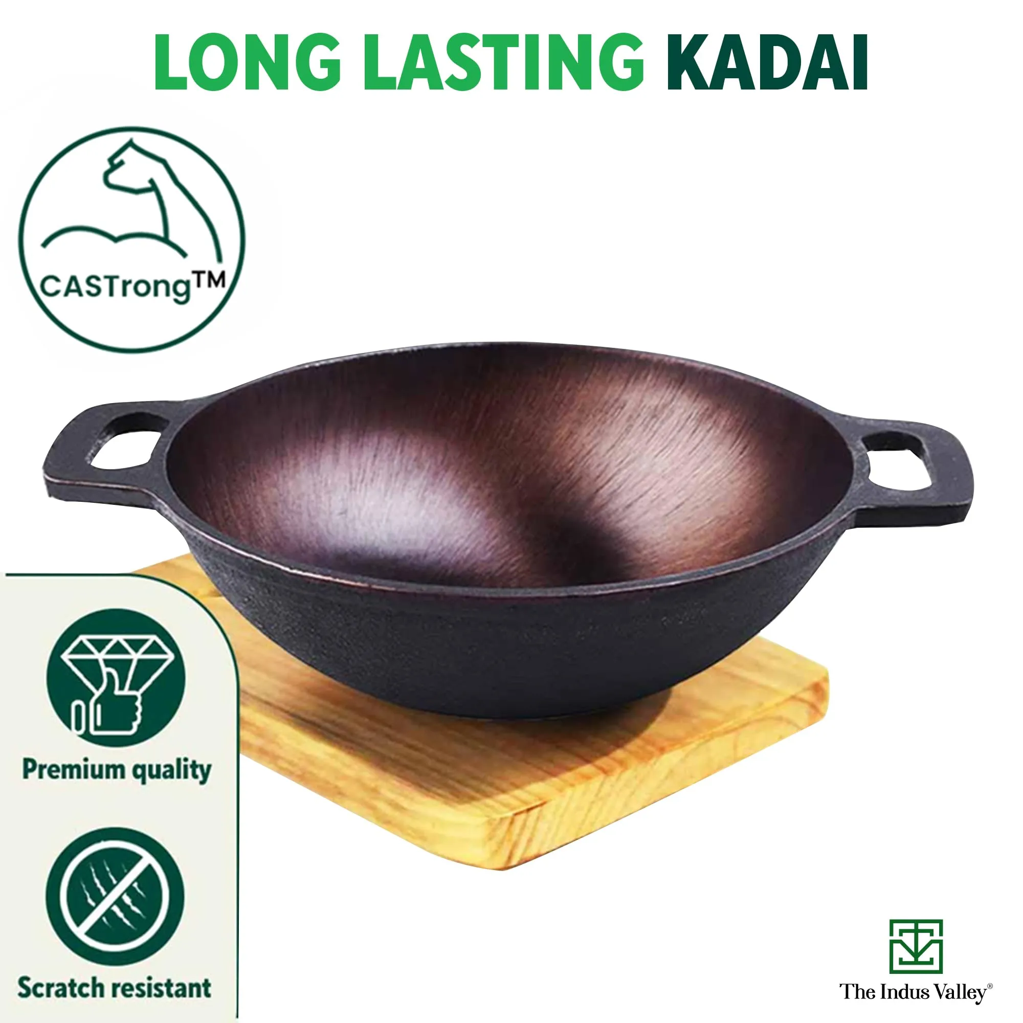 The Indus Valley Super Smooth Cast Iron Kadai with Glass Lid | Medium, 10.2Inch/26 cm, 2.5Ltr, 2.4kg | Naturally Nonstick, Pre-Seasoned Kadhai, 100% Pure & Toxin-Free, No Chemical Coating