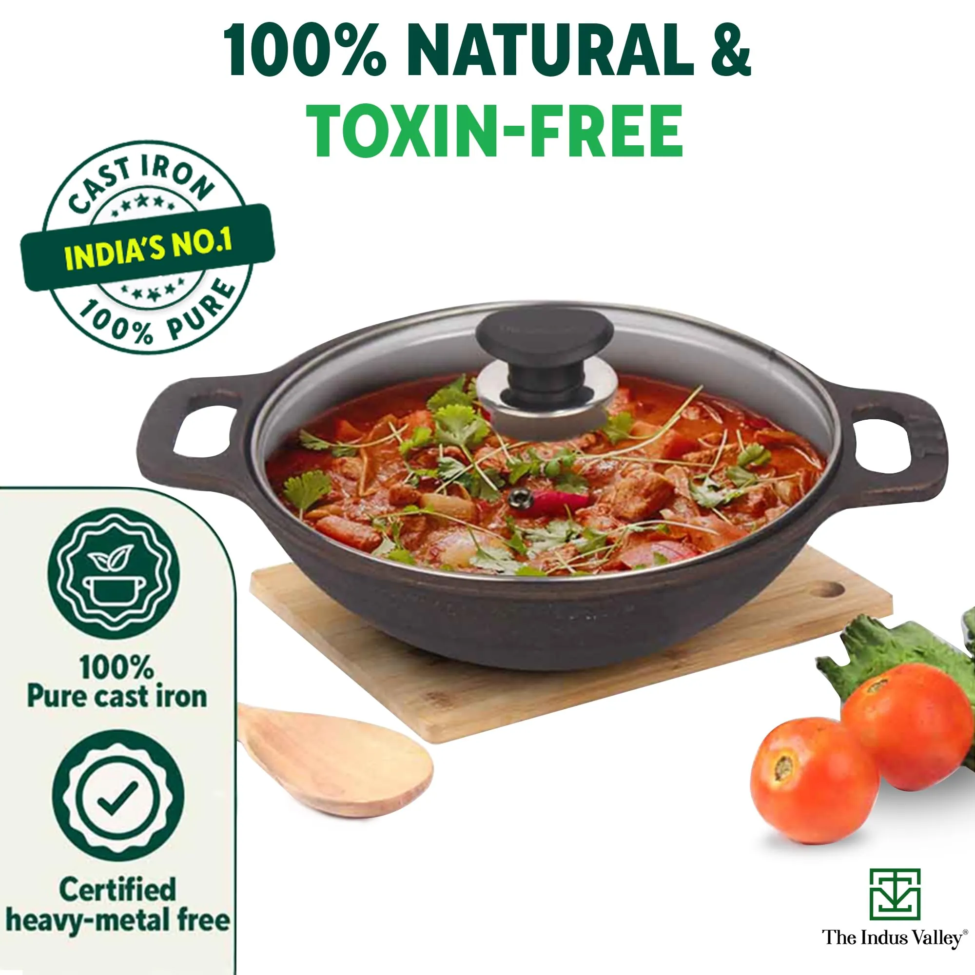 The Indus Valley Super Smooth Cast Iron Kadai with Glass Lid | Medium, 10.2Inch/26 cm, 2.5Ltr, 2.4kg | Naturally Nonstick, Pre-Seasoned Kadhai, 100% Pure & Toxin-Free, No Chemical Coating