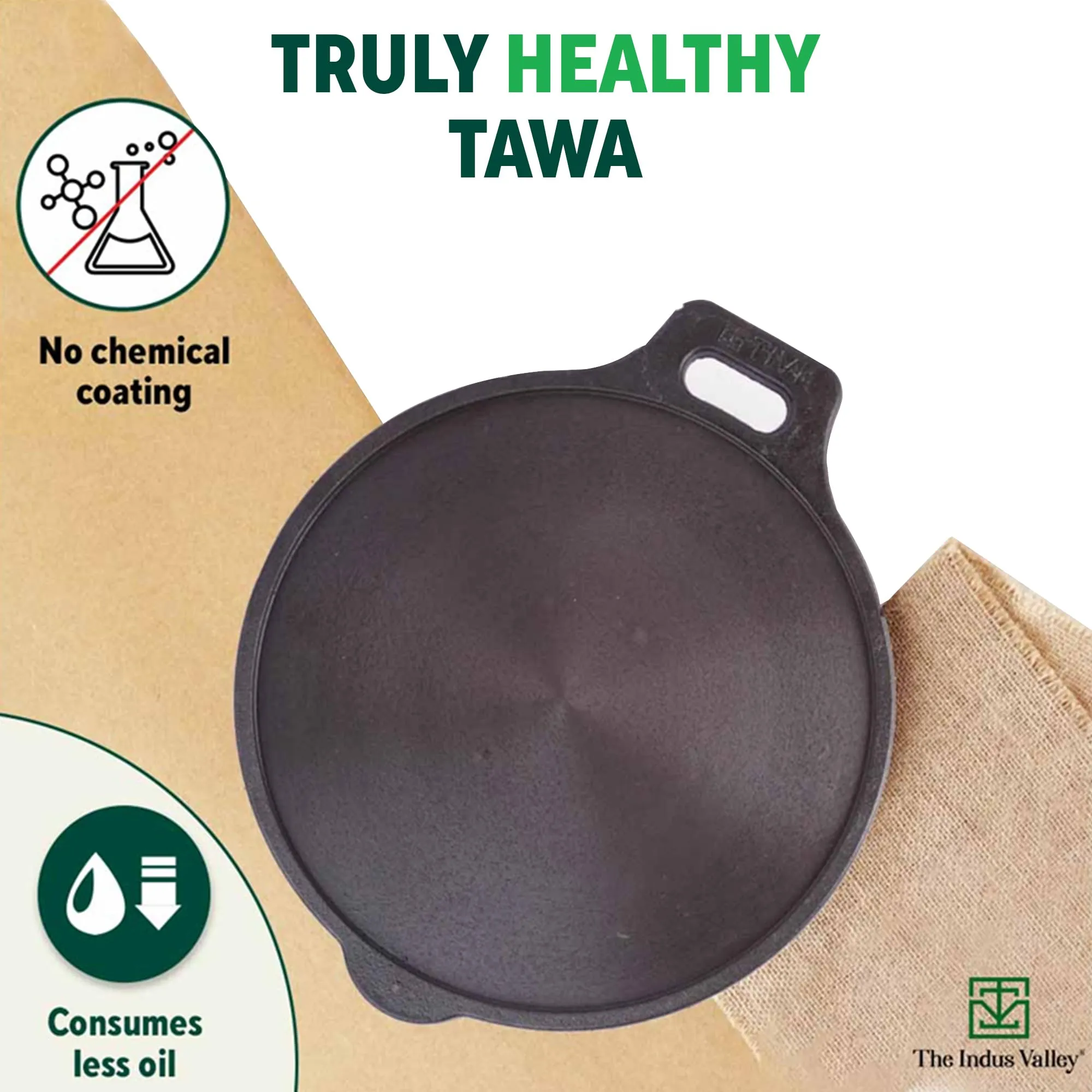 The Indus Valley Super Smooth Cast Iron Tawa for Dosa/Chapathi | 27.6cm/10.8 inch, 2.4kg | Induction Friendly | Naturally Nonstick, Pre-Seasoned Tawa, 100% Pure & Toxin-Free, No Chemical Coating