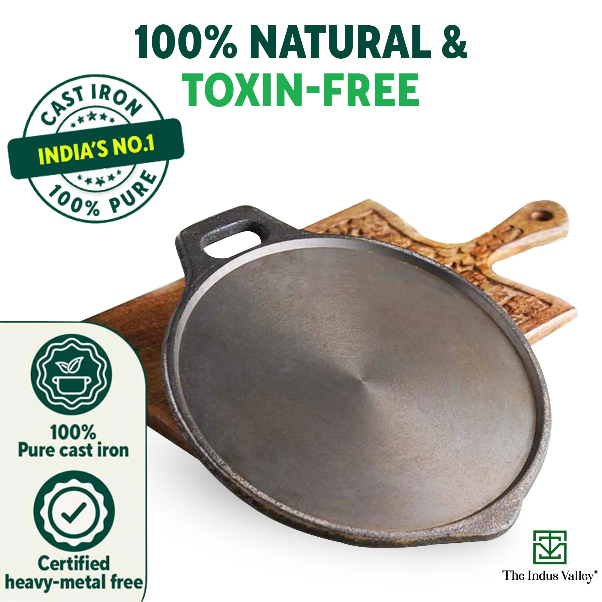 The Indus Valley Super Smooth Cast Iron Tawa for Dosa/Chapathi | 27.6cm/10.8 inch, 2.4kg | Induction Friendly | Naturally Nonstick, Pre-Seasoned Tawa, 100% Pure & Toxin-Free, No Chemical Coating