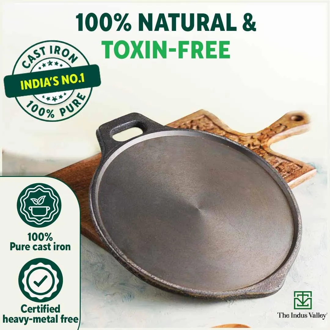 The Indus Valley Super Smooth Cast Iron Tawa with Free Wooden Spatula for Dosa/Chapathi | 27.6cm/10.8 inch, 2.8kg | Induction Friendly | Naturally Nonstick, 100% Pure & Toxin-Free