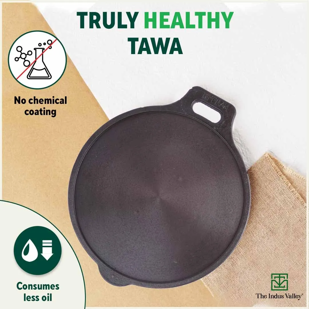 The Indus Valley Super Smooth Cast Iron Tawa with Free Wooden Spatula for Dosa/Chapathi | 27.6cm/10.8 inch, 2.8kg | Induction Friendly | Naturally Nonstick, 100% Pure & Toxin-Free