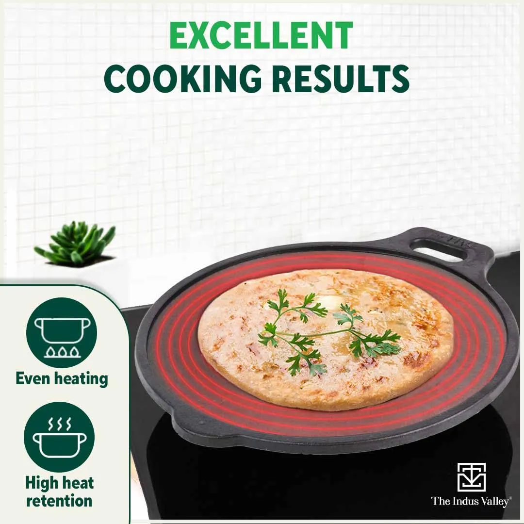 The Indus Valley Super Smooth Cast Iron Tawa with Free Wooden Spatula for Dosa/Chapathi | 27.6cm/10.8 inch, 2.8kg | Induction Friendly | Naturally Nonstick, 100% Pure & Toxin-Free