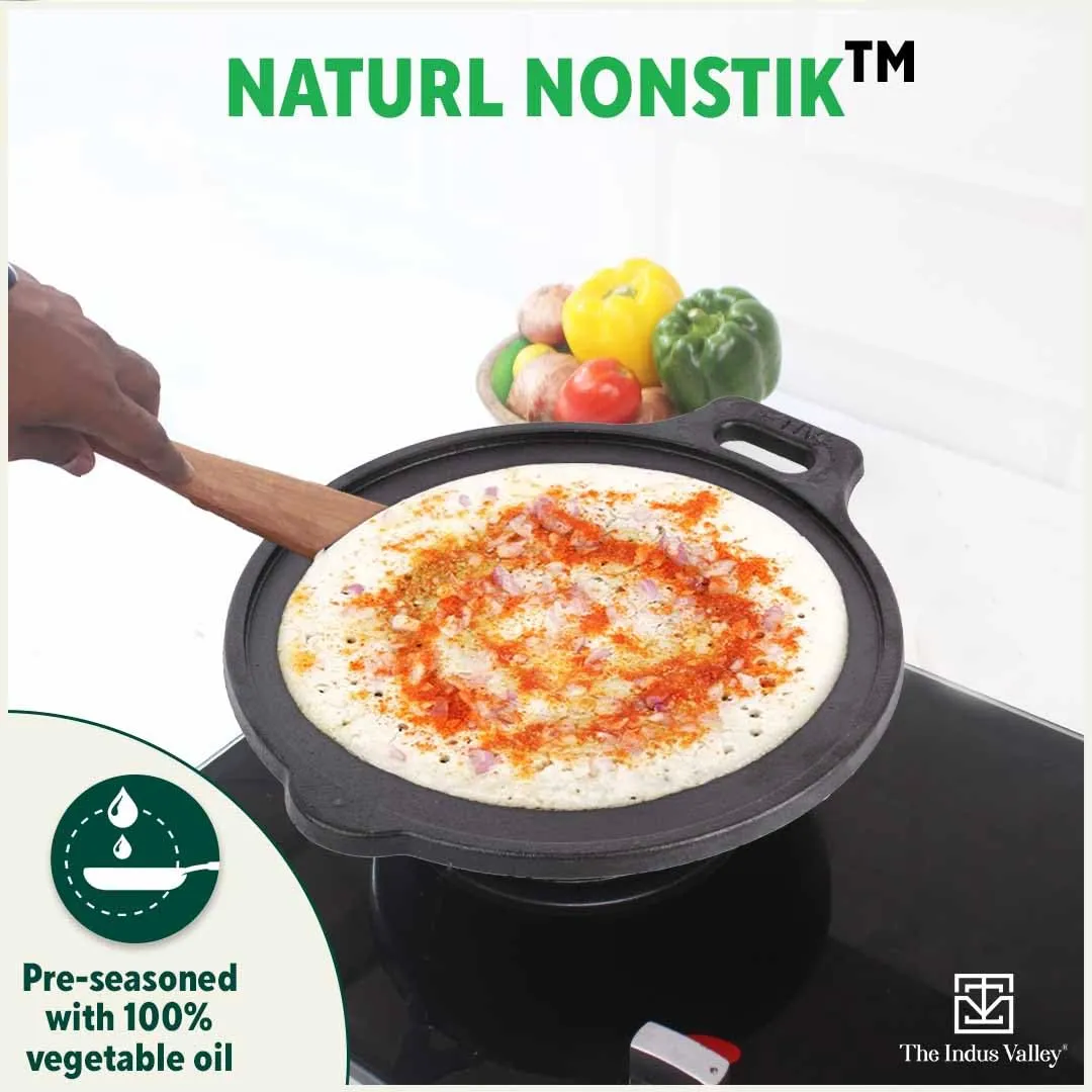 The Indus Valley Super Smooth Cast Iron Tawa with Free Wooden Spatula for Dosa/Chapathi | 27.6cm/10.8 inch, 2.8kg | Induction Friendly | Naturally Nonstick, 100% Pure & Toxin-Free