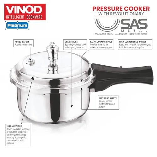 Vinod Platinum Triply Stainless Steel Pressure Cooker Outer Lid - 3 Litre | SAS Bottom Cooker | Induction and Gas Base Cooker | ISI and CE certified | 2 Years Warranty