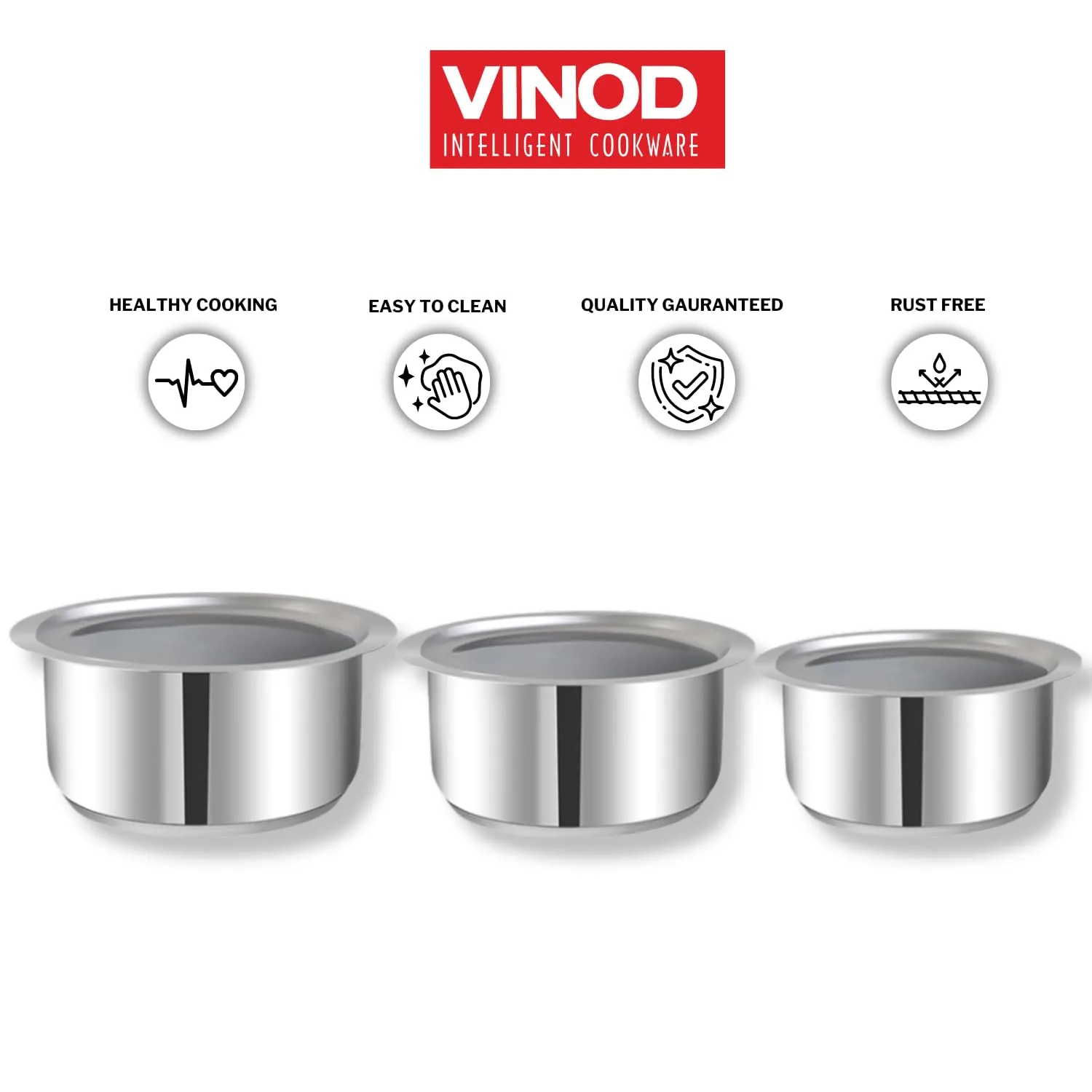 Vinod Sandwich Bottom Stainless Steel Tope Set of 3 | 2.7, 3.4 and 4 litre | Patila/Bhagona Boiling Tope for Kitchen | Multipurpose Steel | Induction & Gas Base | 2 Year Warranty